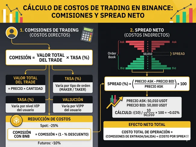 Fórmula para calcular el spread neto y comisiones en Binance